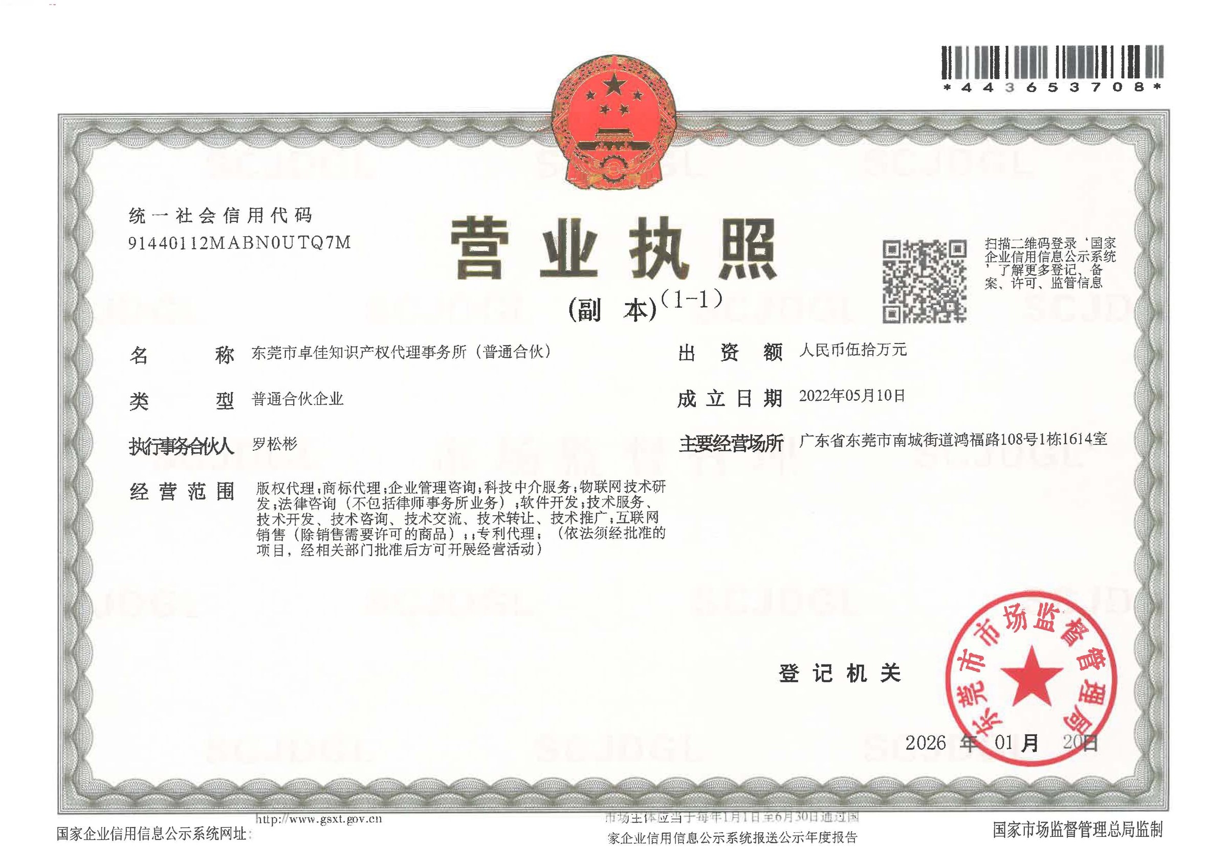 Business license of Dongguan Zhuojia Intellectual Property Agency General Partnership