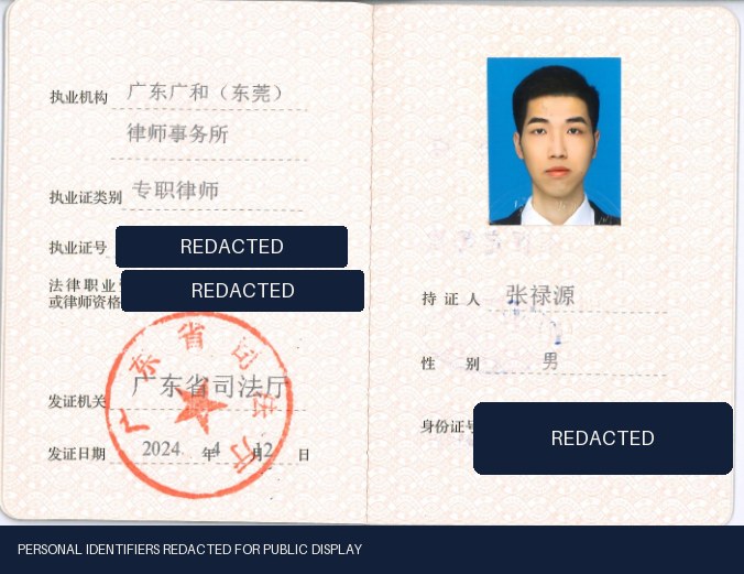 Luyuan Zhang — China lawyer practice credential, with identifiers redacted