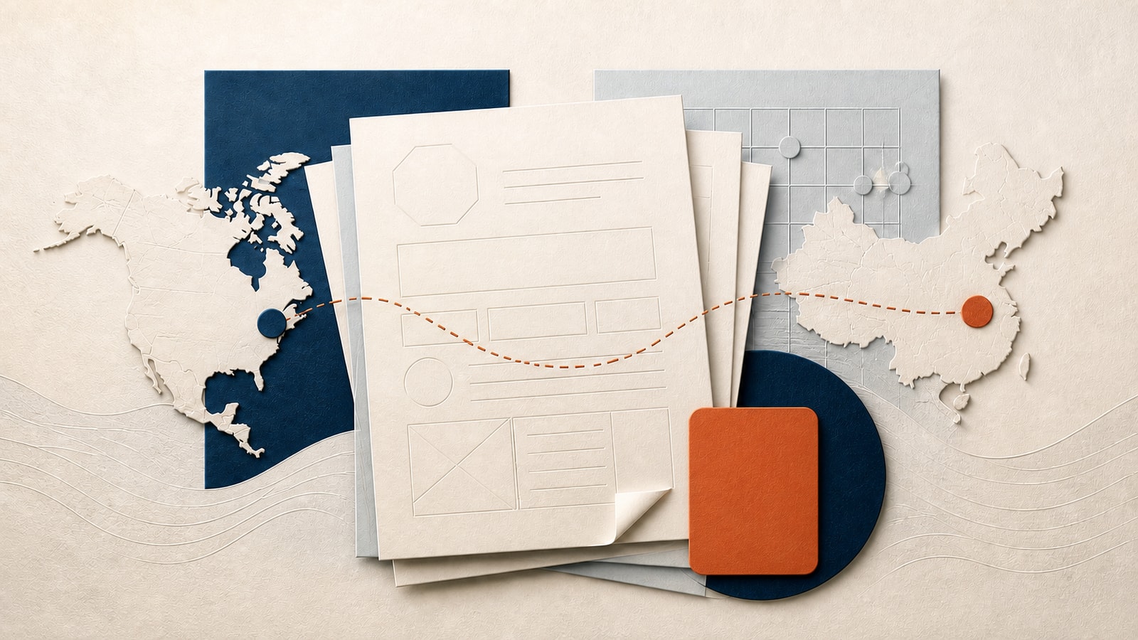 Paper-cut illustration of a trademark filing route from the United States to China