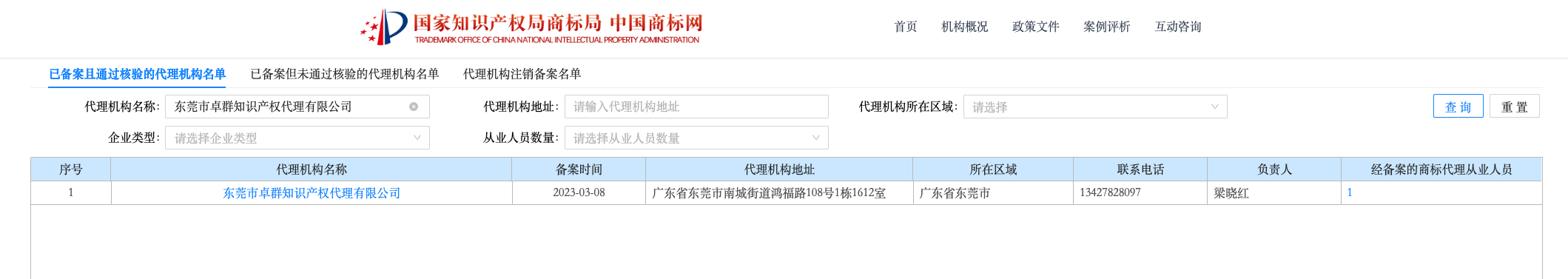 东莞市卓群知识产权代理有限公司 · Resultado de búsqueda de agencia de marcas