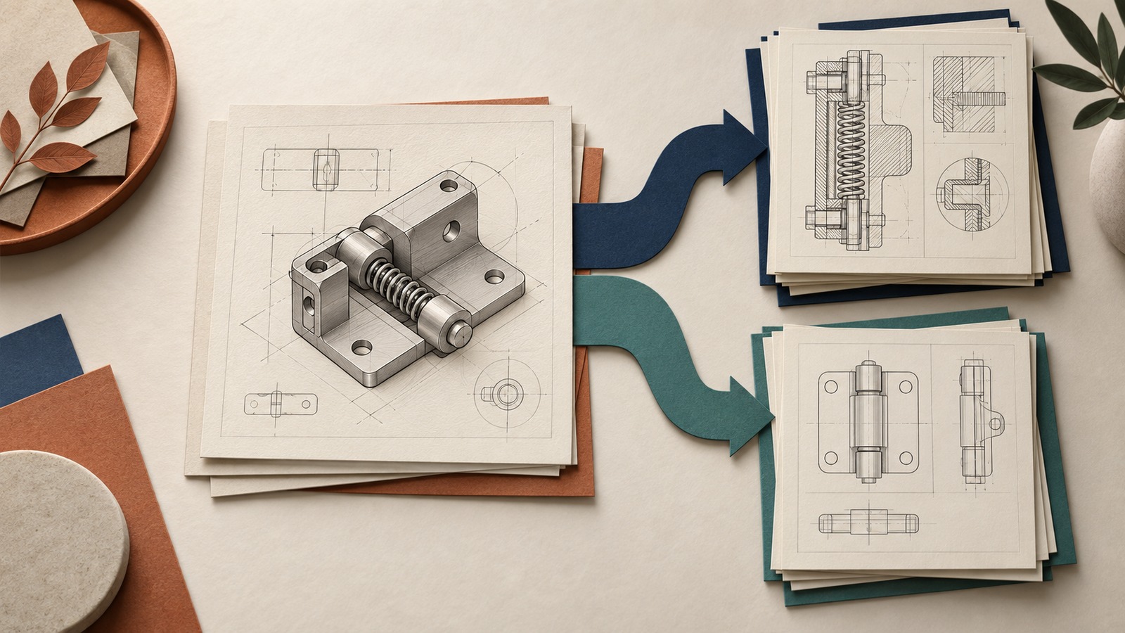 A mechanical hinge sketch branches into two separate patent drawing stacks. / Un boceto de bisagra mecánica se bifurca en dos grupos de planos de patente. / 机械铰链草图分向两组独立的专利图纸。
