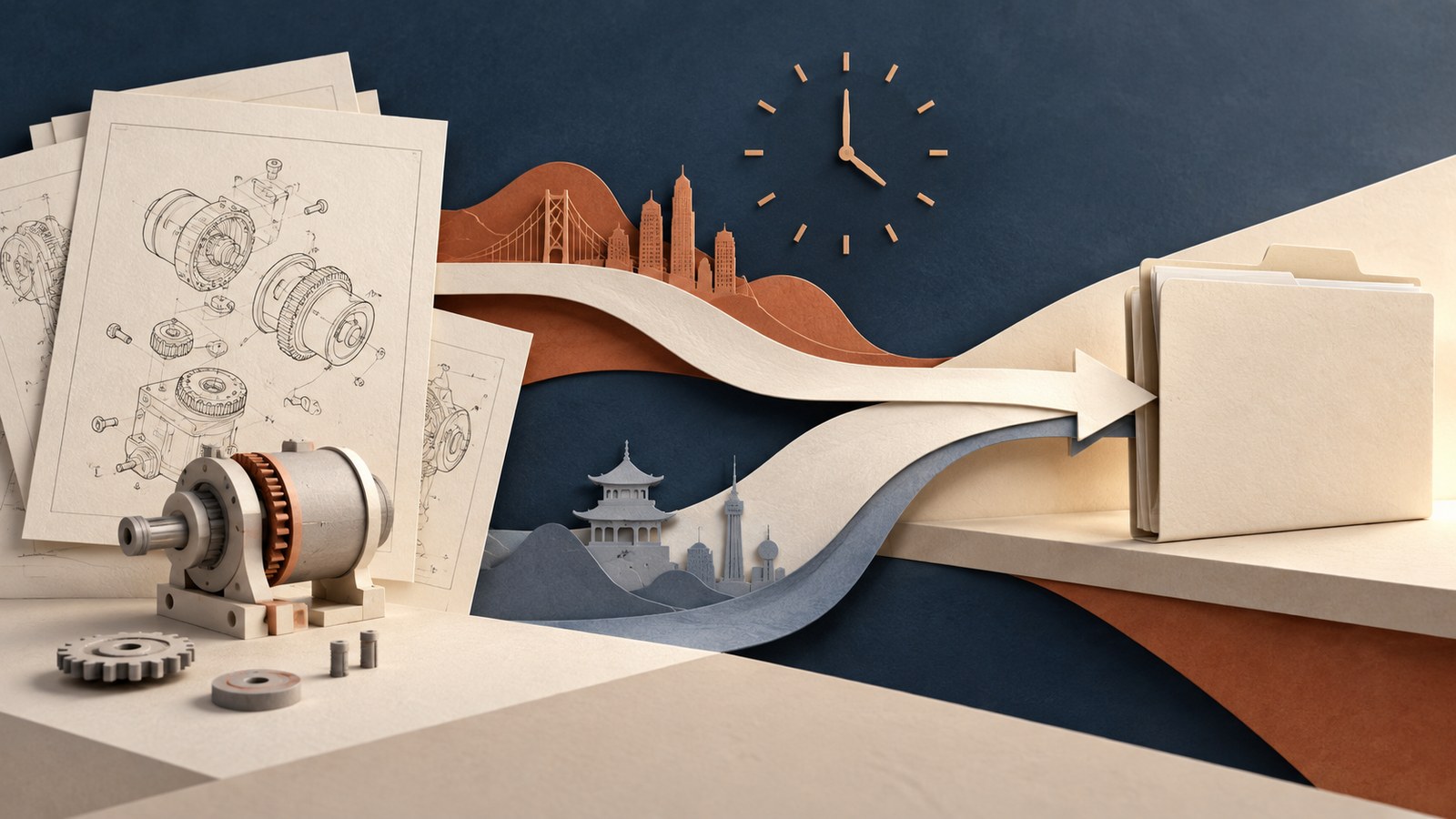 Patent sketches and a mechanical prototype lead past a clock along two paper paths to an unmarked filing folder. / Planos de patente y un prototipo avanzan junto a un reloj hacia una carpeta. / 专利草图和机械原型经过时钟，沿两条路径通向申请资料夹。 / 特許図面と試作品が時計のそばから出願フォルダーへ進む。 / 특허 도면과 시제품이 시계 옆에서 출원 폴더로 향한다.