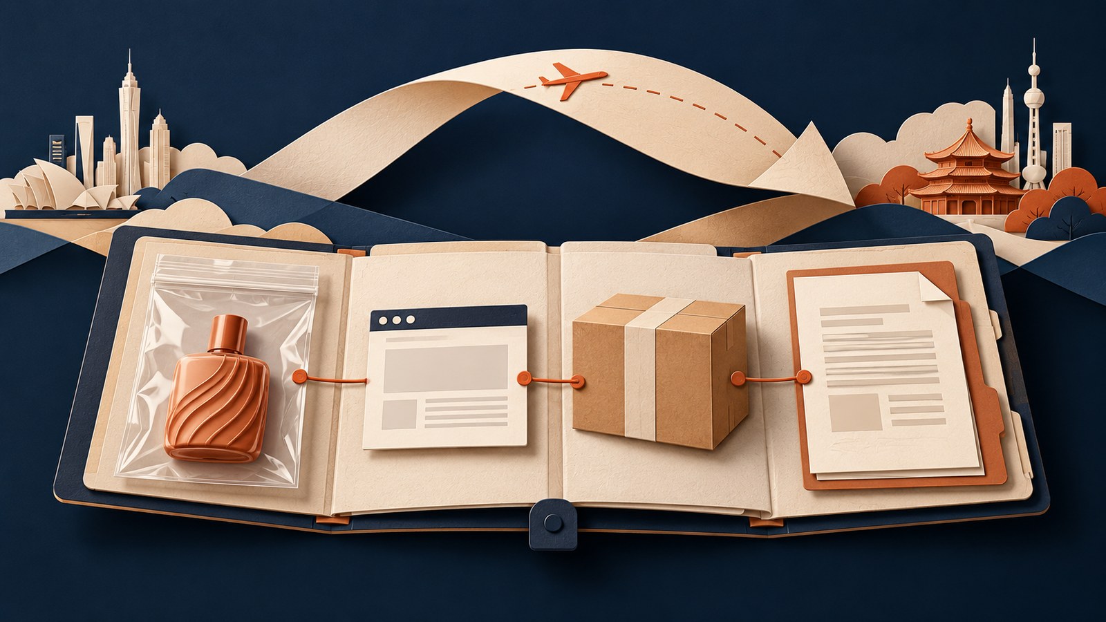 An open evidence portfolio holds a product sample, web-page capture, parcel and documents linked by a fine orange trail. / Una carpeta de pruebas contiene una muestra, captura web, paquete y documentos. / 证据资料夹内的样品、网页记录、包裹和文件由橙线连接。 / 証拠資料にサンプル、ウェブ画面、荷物と文書が並ぶ。 / 증거 자료철에 표본, 웹 화면, 소포와 문서가 놓여 있다.
