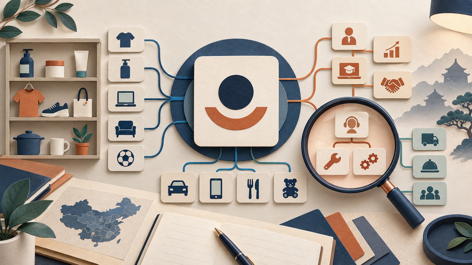 A trademark card connects to organized product and service groups while a magnifying glass examines one selected subgroup. / Una ficha de marca conecta con grupos organizados de productos y servicios mientras una lupa examina un subgrupo seleccionado. / 商标图形卡片连接多个商品和服务分组，放大镜正在检查其中一个细分类组。