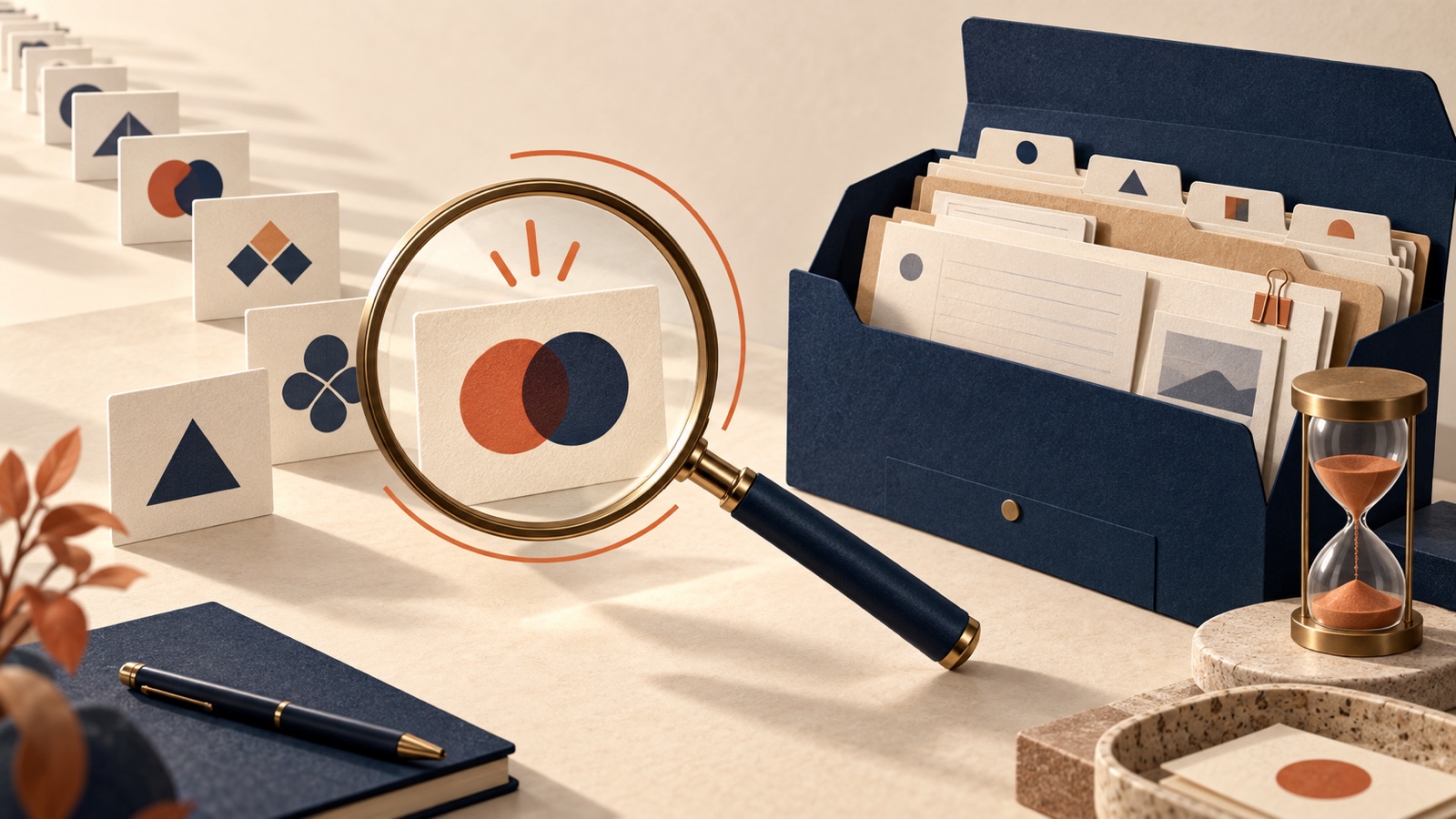 Magnifying glass examines abstract trademark cards beside an evidence folder and hourglass. / Una lupa examina tarjetas de marcas abstractas junto a un expediente y un reloj de arena. / 放大镜检查抽象商标卡片，旁边是证据文件夹和沙漏。