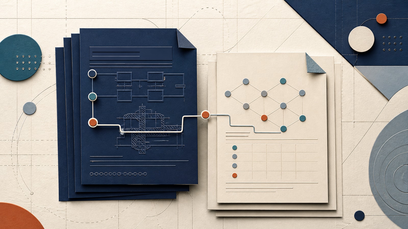 Paper-cut illustration mapping patent claims to technical-standard documents