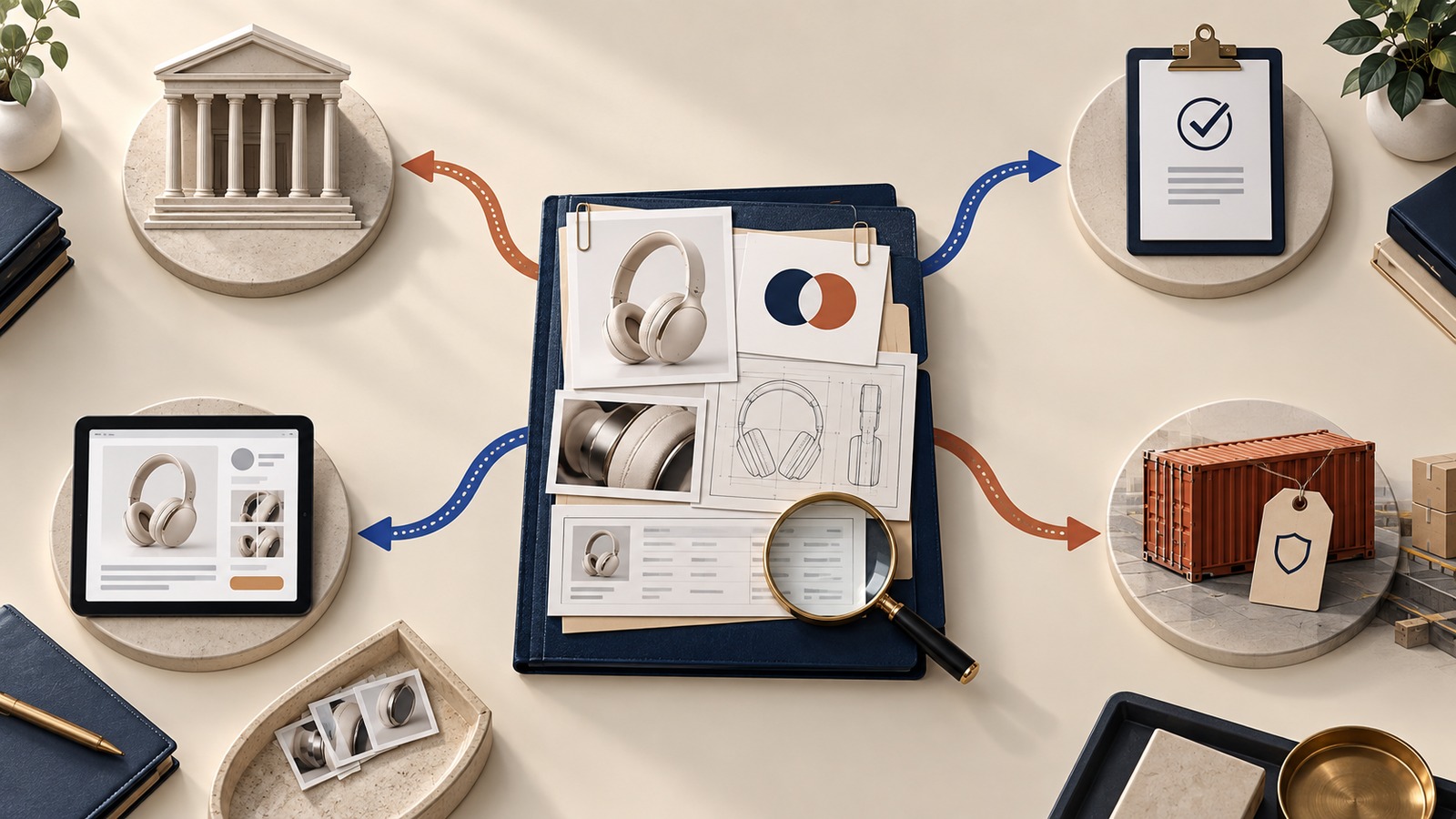An evidence folder branches toward a court, administrative file, e-commerce listing and cargo container. / Un expediente de pruebas se ramifica hacia un tribunal, un archivo administrativo, una publicación de comercio electrónico y un contenedor. / 证据文件夹分别连接法院、行政档案、电商商品页和货运集装箱。