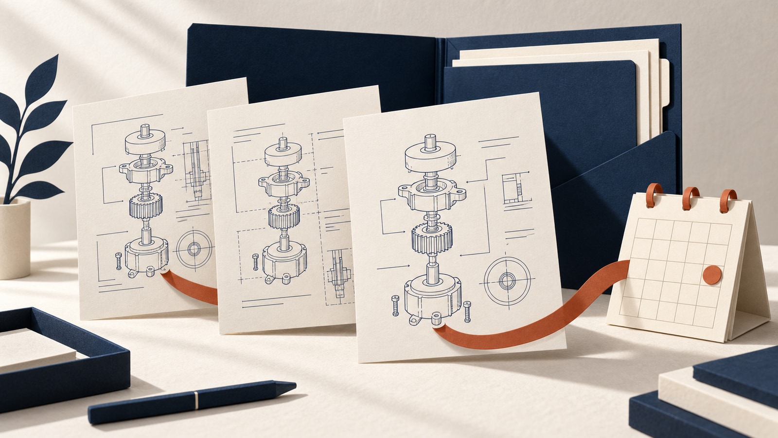 Paper-cut patent drawings, navy folder and calendar. / Planos de patente, carpeta azul y calendario en papel. / 纸艺专利图纸、海军蓝文件夹与日历。