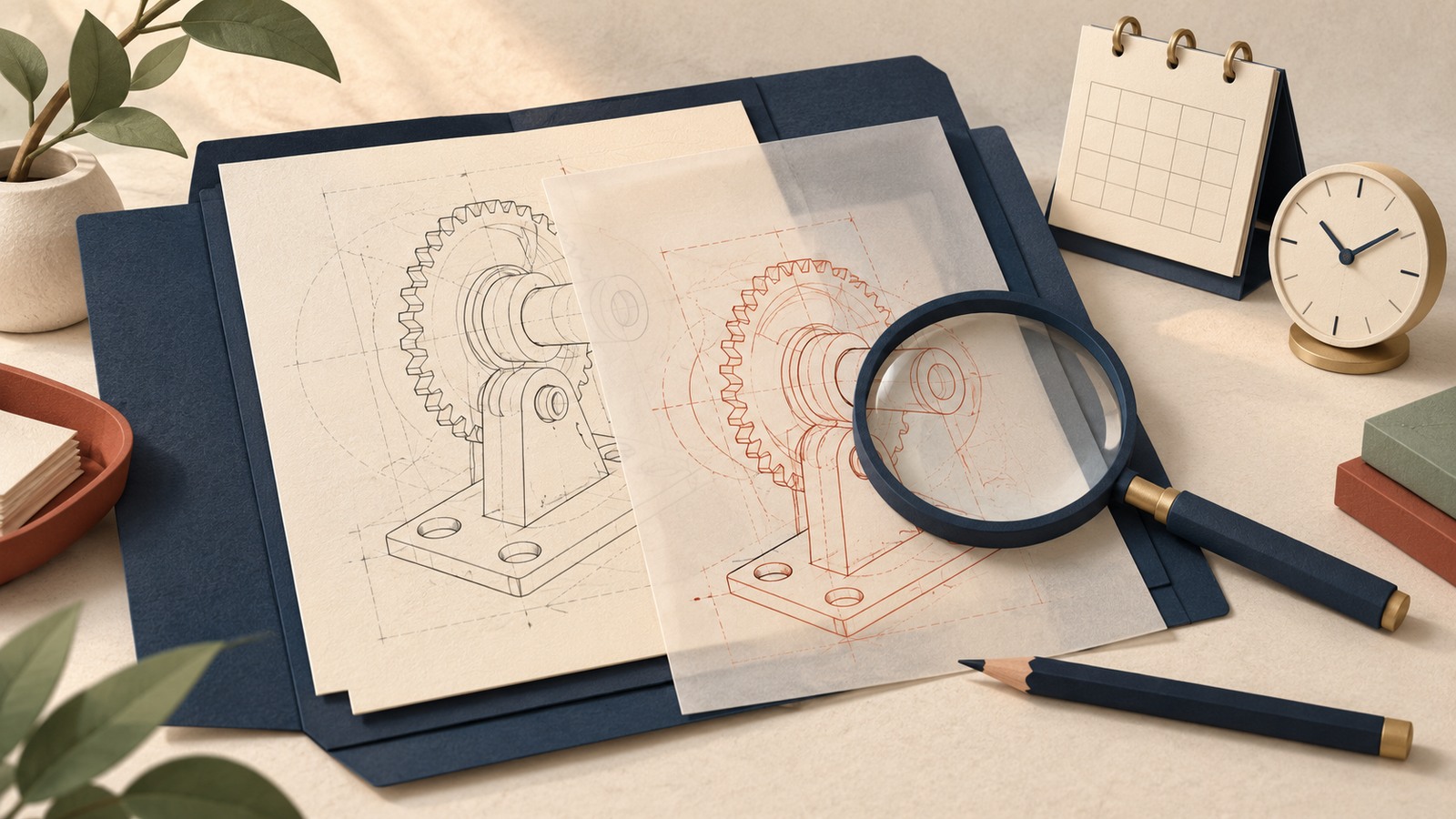 Mechanical drawings and a terracotta revision overlay on a navy folder, beside a magnifier, pencil, blank calendar and clock.