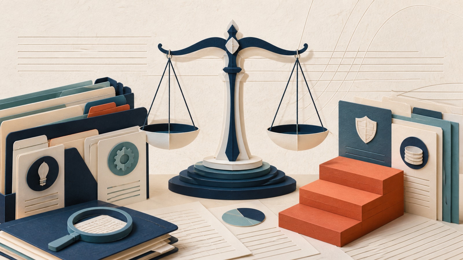 Paper-cut illustration of balanced scales, evidence files and proportional damages analysis