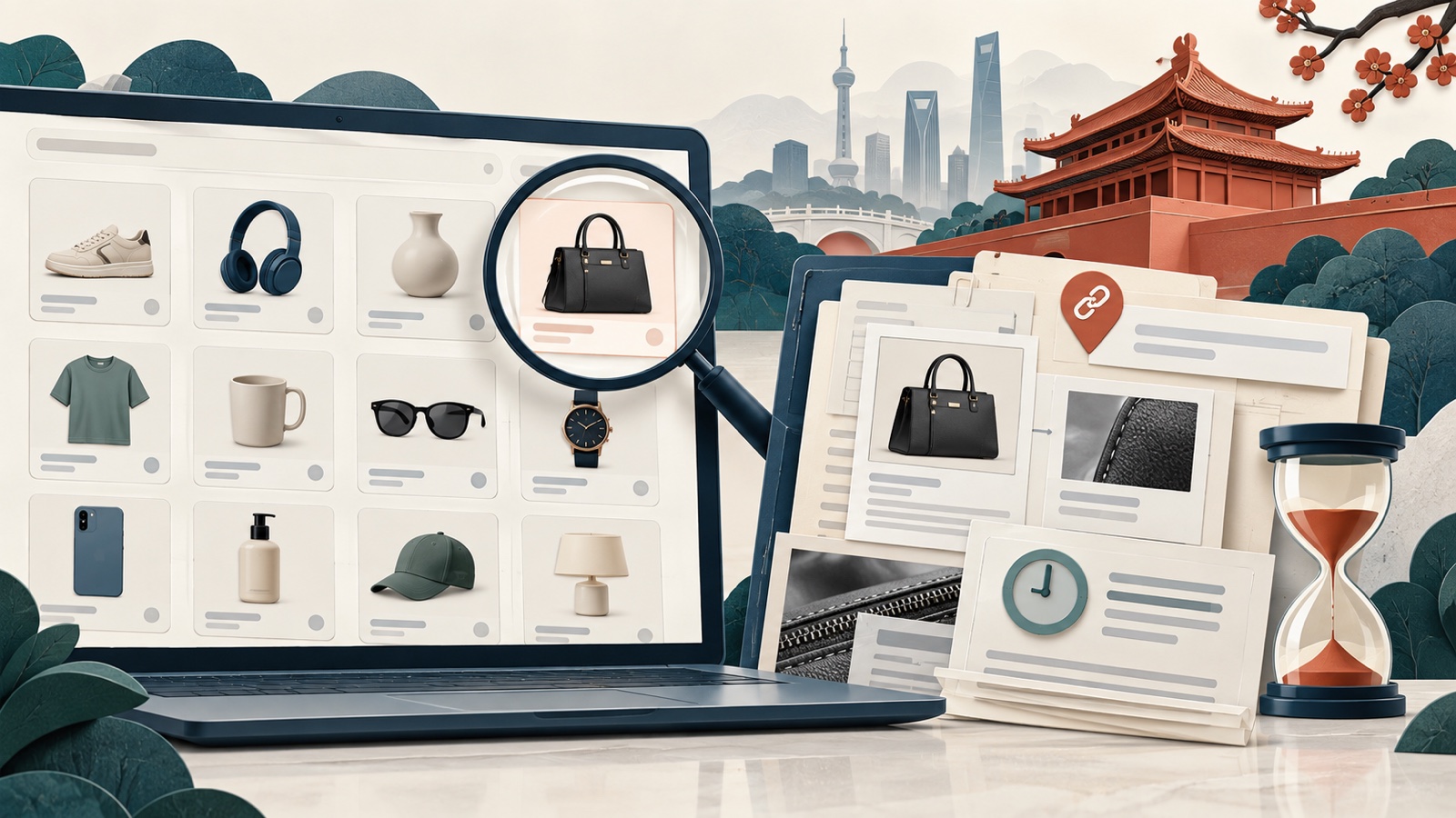 Magnifying glass isolates a product listing beside an evidence file and hourglass. / Una lupa aísla un anuncio junto a un expediente de pruebas y un reloj de arena. / 放大镜锁定商品链接，旁边是证据档案和沙漏。