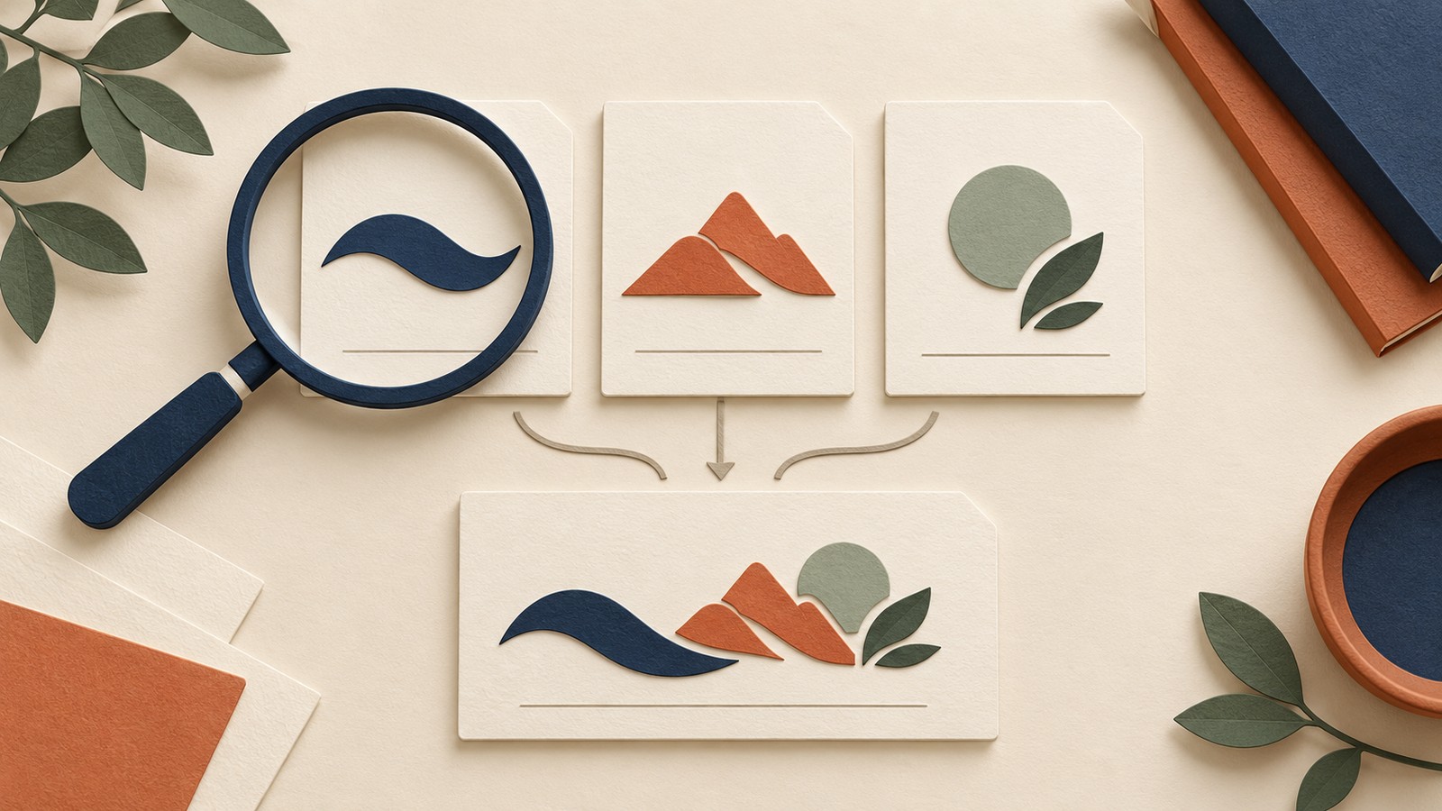 Three paper cards with abstract shapes connect to one combined card beside a navy magnifying glass.